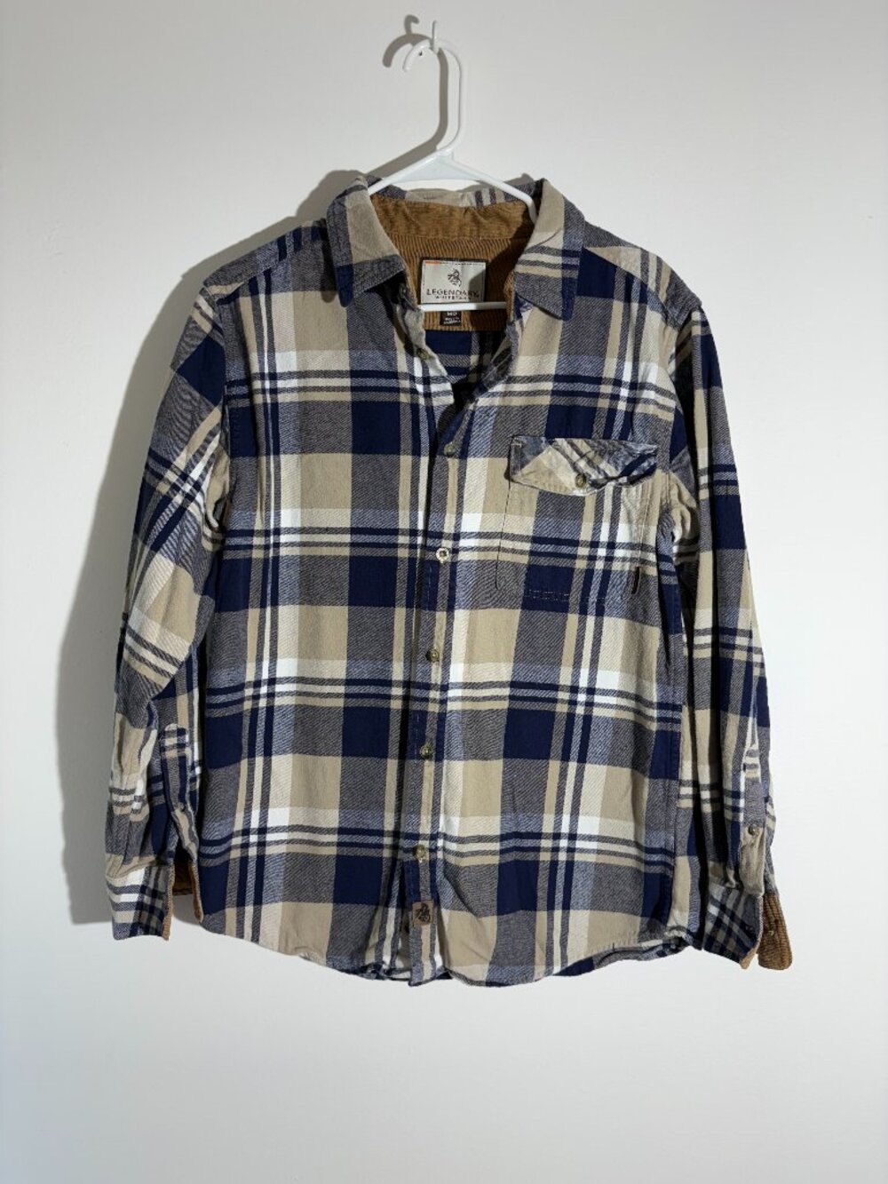 Legendary Whitetails Buck Camp Flannel Plaid Button Down Shirt Tan Navy- S MD